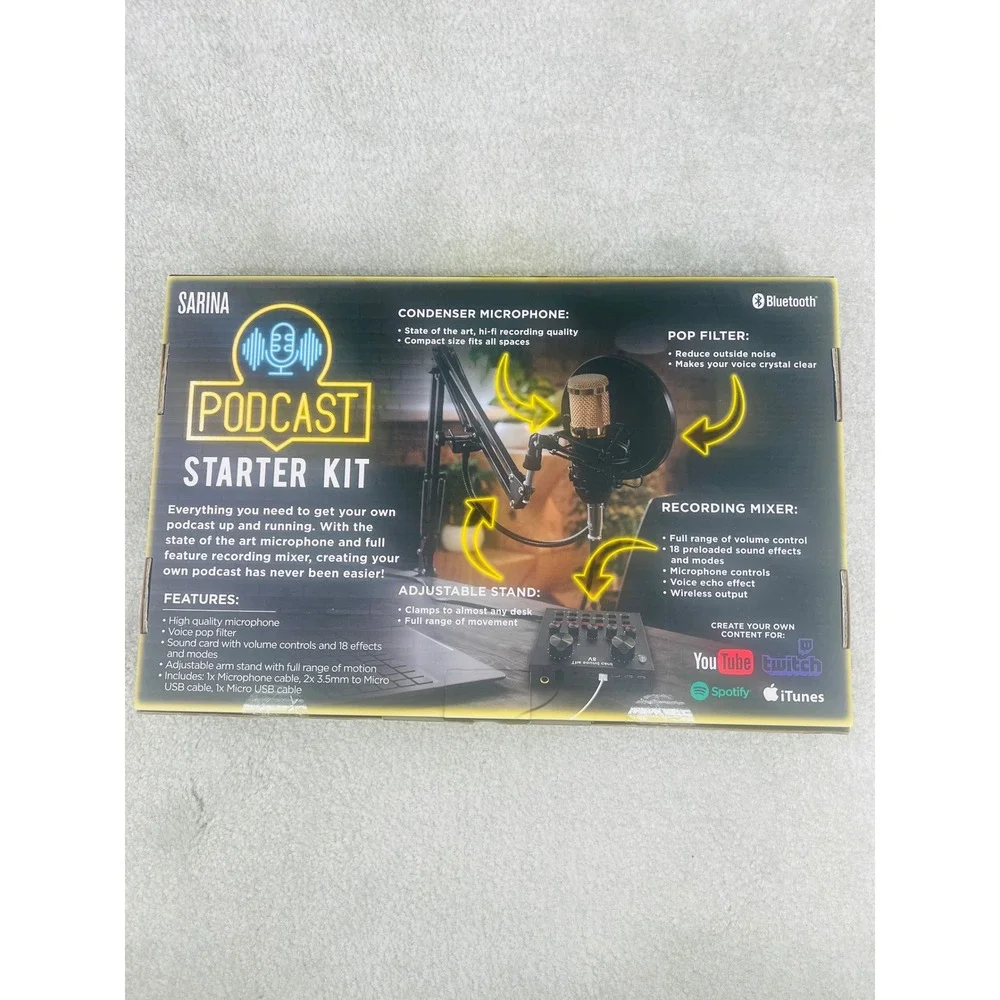 Sarina‎ Podcast Starter Kit Black Gold Condenser Mic V8 Mixer Stand NEW